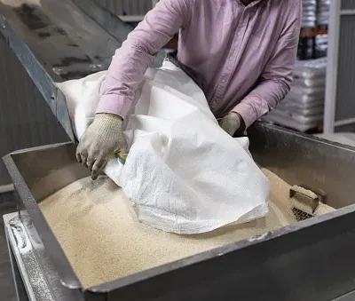 a worker pours a bag of sugar onto a conveyor line for further processing