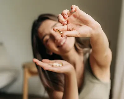 happy smiling woman holding an omega pill in her hand