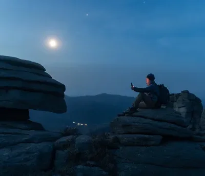 hikers reading in the moonlight on the mountain