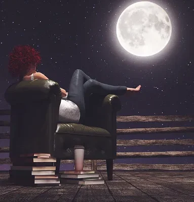 tranquil life woman repose on vintage leather chair at night looking at the moon 3d